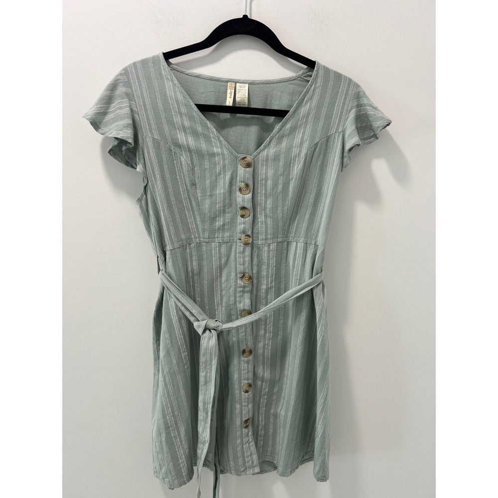 Japna Sage Green Striped Cotton Linen Flutter Sleeve Button Front Mini Dress L